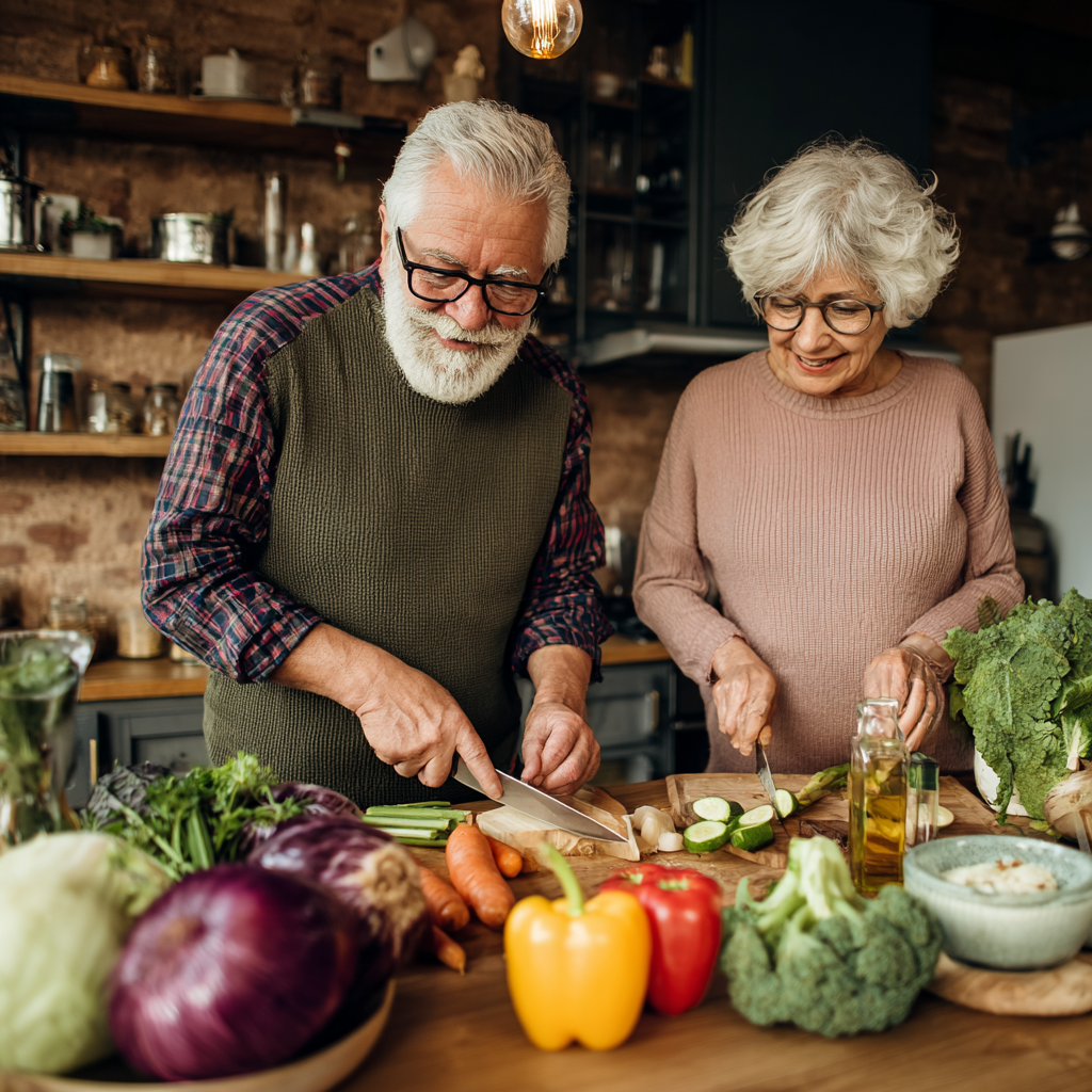 Elderly couple cooking together in kitchen with fresh vegetables and healthy ingredients