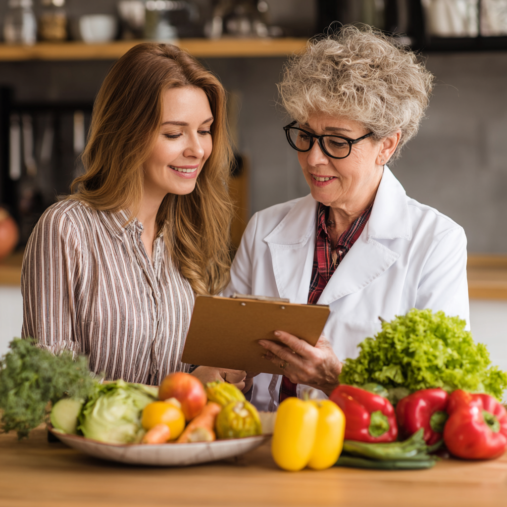 Nutritionist consulting with middle-aged woman about healthy meal planning